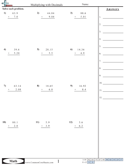 5.nbt.7 Worksheets - Multiplying Decimals (vertical) worksheet